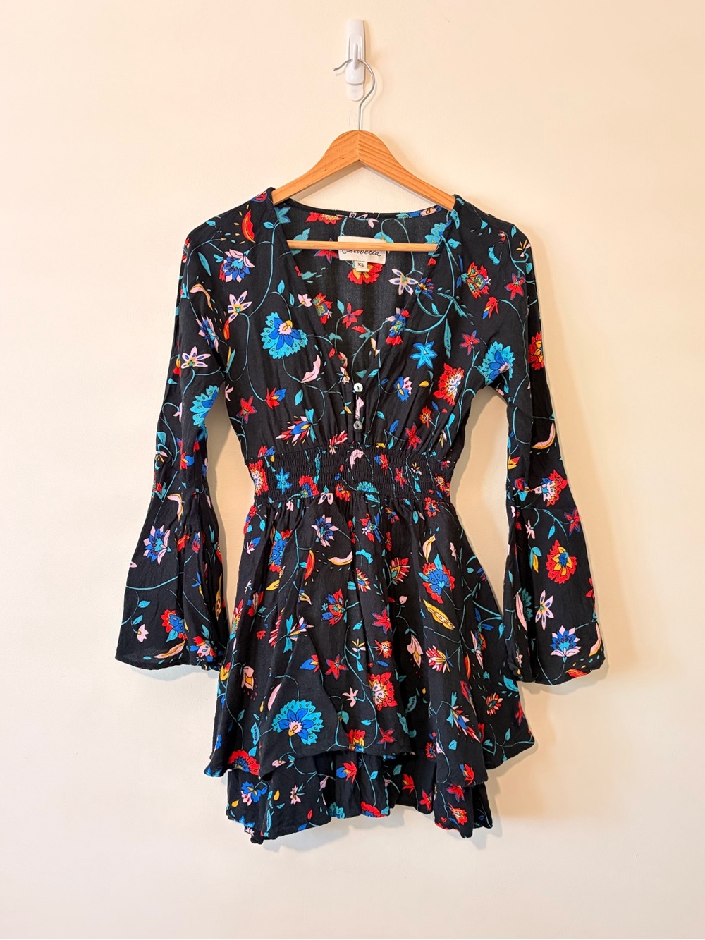 Cleobella Black Floral V-Neck Tiered Mini Dress